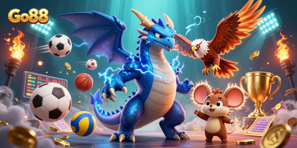 Engage with Go88's exciting gaming world featuring a thrilling thunder dragon and dynamic sports elements.