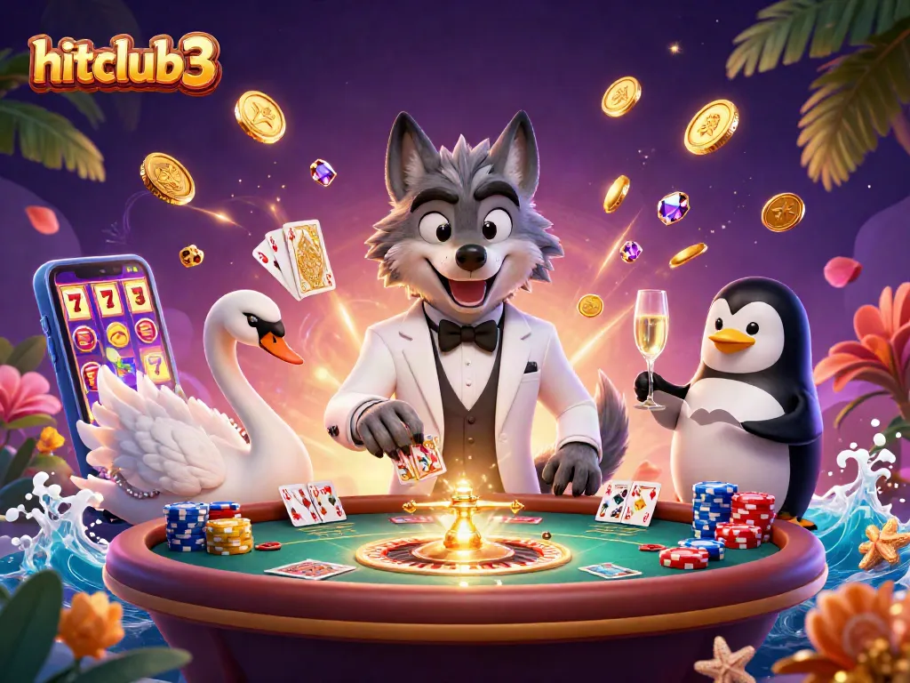 Experience vibrant gaming at hitclub3 with a debonair wolf at the baccarat table amongst sparkling casino elements.