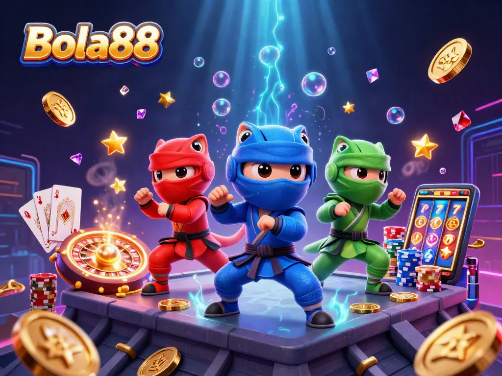 Bola88 showcases a dynamic 3D illustration of colorful ninja chameleons amidst vibrant casino elements like coins and a roulette wheel.