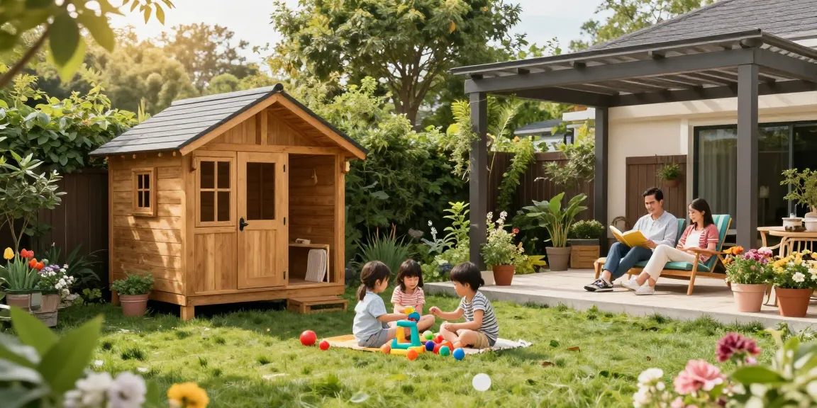 Familie genießt den Garten mit einem schönen Gartenhaus von McGarden24, umgeben von Pflanzen.