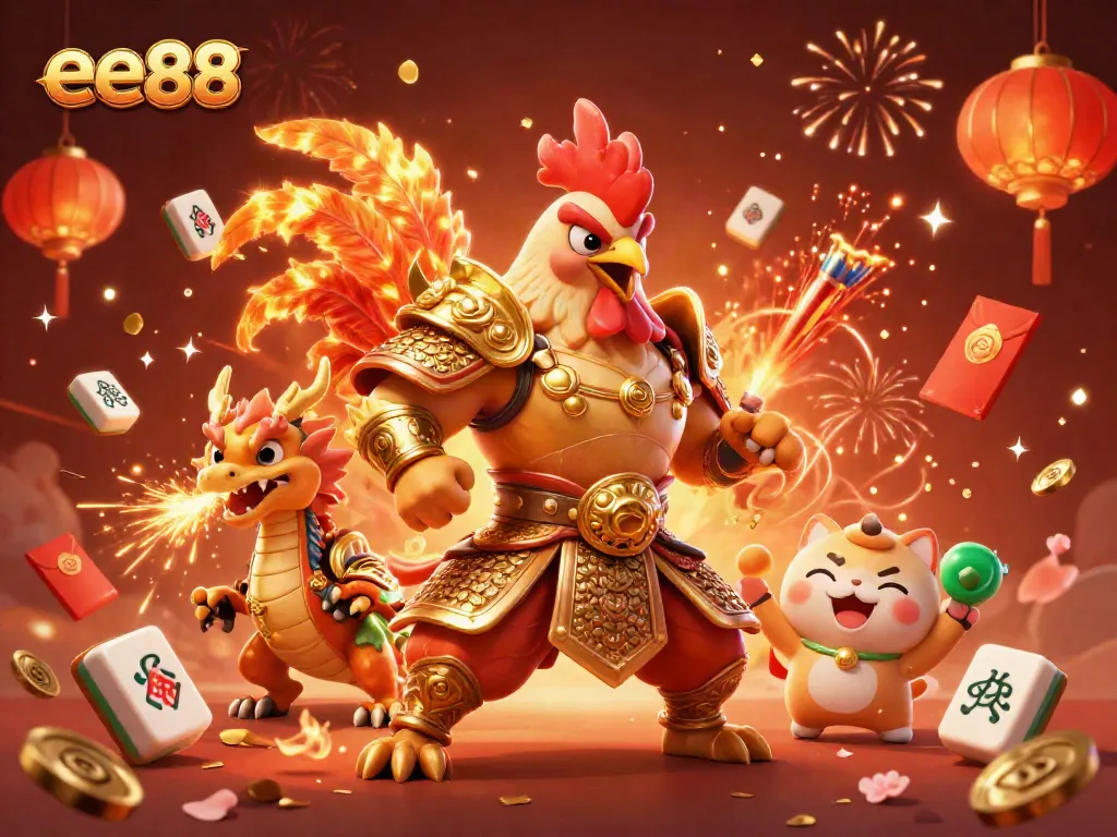Engage with ee88's thrilling atmosphere featuring a mighty rooster warrior and a cheering fortune cat.