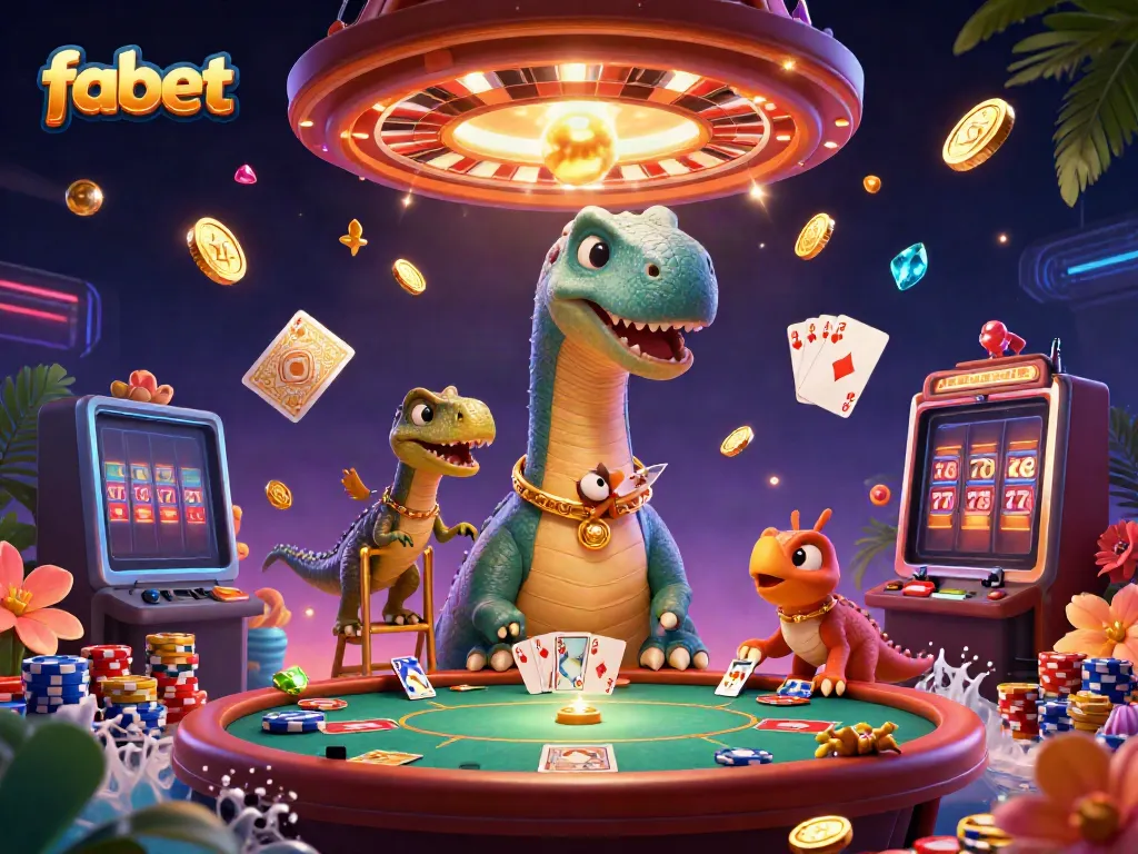 Play exciting games at fabet with a giant brontosaurus and clever raptor in a vibrant casino setting.