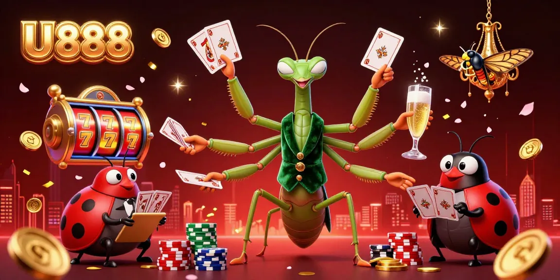 Experience thrilling action with U 888 as the giant praying mantis card sharp deals cards amidst vibrant casino elements.