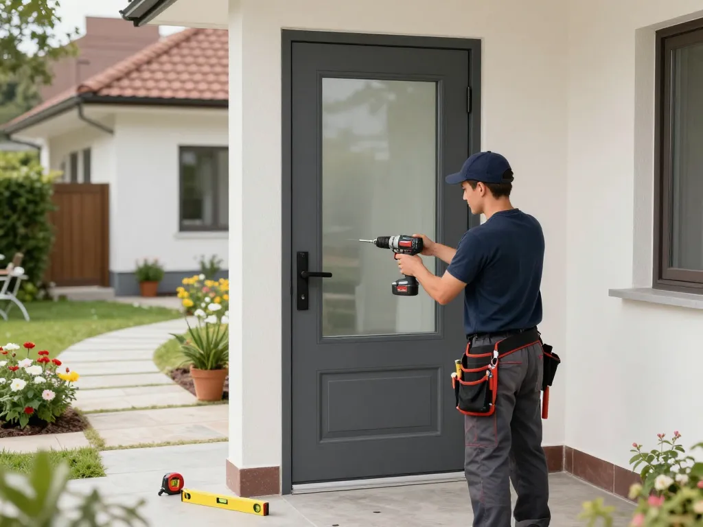 Professioneller Installateur, der eine Nebeneingangstür mit modernem Design in einem Vorstadt-Hausumfeld einbaut.