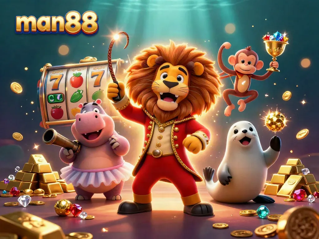Engage in thrilling gameplay at Man88, featuring lively characters and dynamic slot reels.