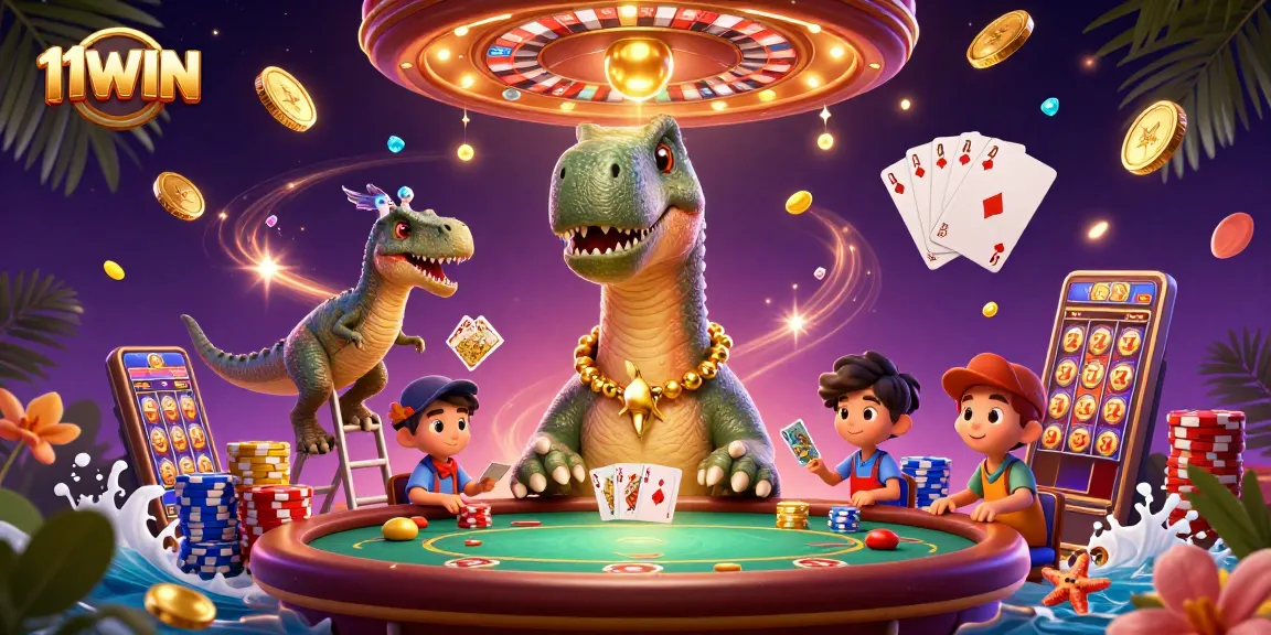 Engage in thrilling gameplay at 11WIN with vibrant casino characters and action-packed elements.
