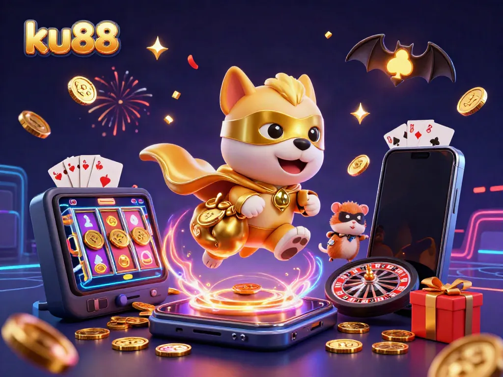 ku88 engaging illustration with a superhero dog and hamster enjoying casino games and winning coins
