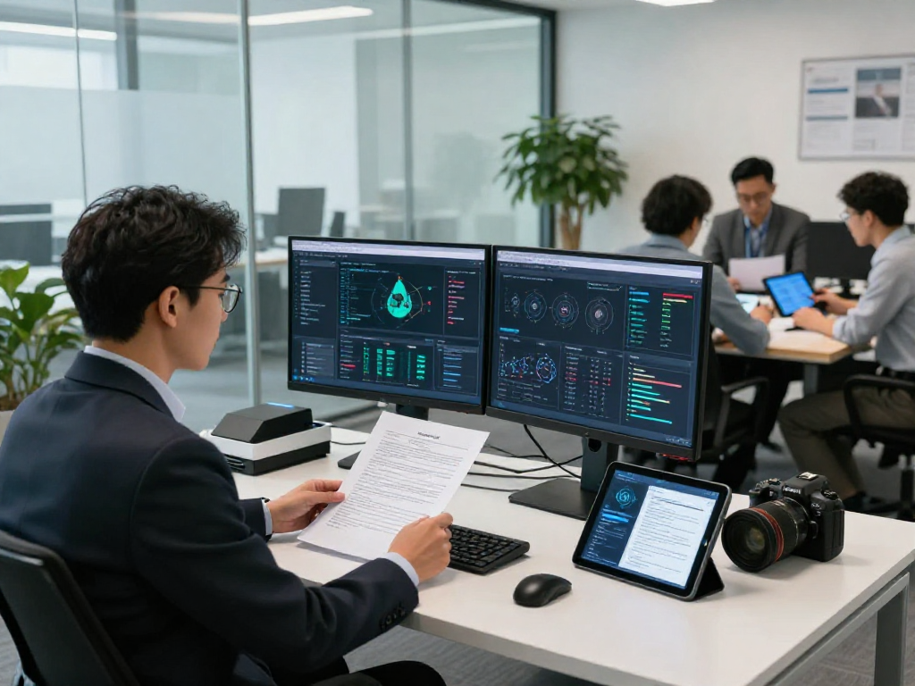 The scene depicts a document fraud detection analysis with a compliance officer examining data in a modern office, showcasing advanced verification methods.