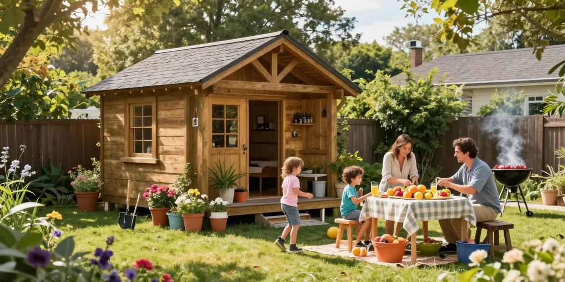 Familie versammelt sich um ihr Gartenhaus, das eine Oase der Entspannung im Garten darstellt.