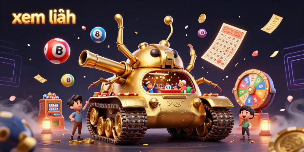 Experience xem thêm excitement with a vibrant 3D casino illustration featuring a golden beetle tank and dynamic lottery balls.