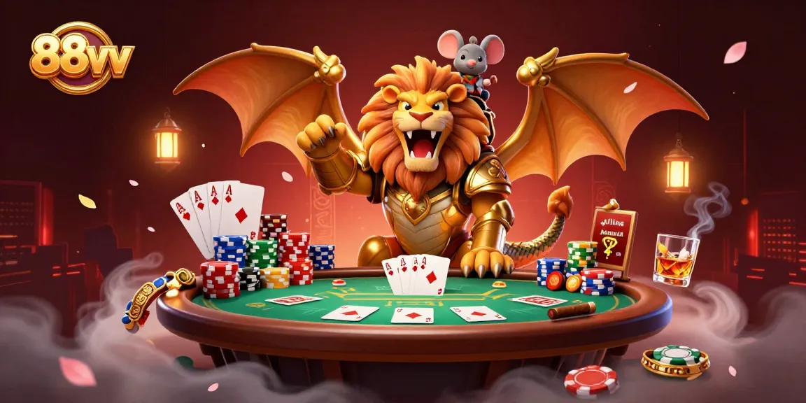 88vv engages players in a thrilling poker game with a chimera creature and colorful chips.
