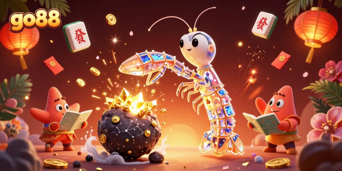 Experience the thrill of go88 as a galactic samurai mantis shrimp triumphantly punches through an asteroid, surrounded by dazzling gems and festive symbols.