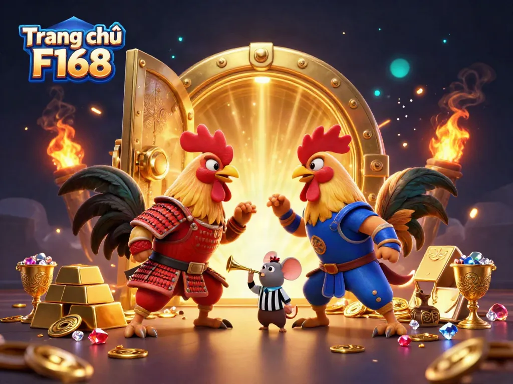 Engage with exciting gameplay at Trang chủ F168 featuring a dramatic showdown between cartoon roosters with golden treasures surrounding them.