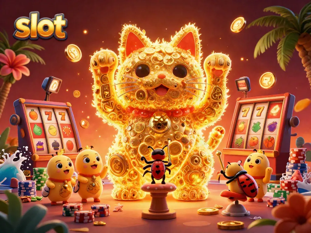 Experience the thrill of slot play with a vibrant illustration of a lucky cat amidst dynamic casino symbols.