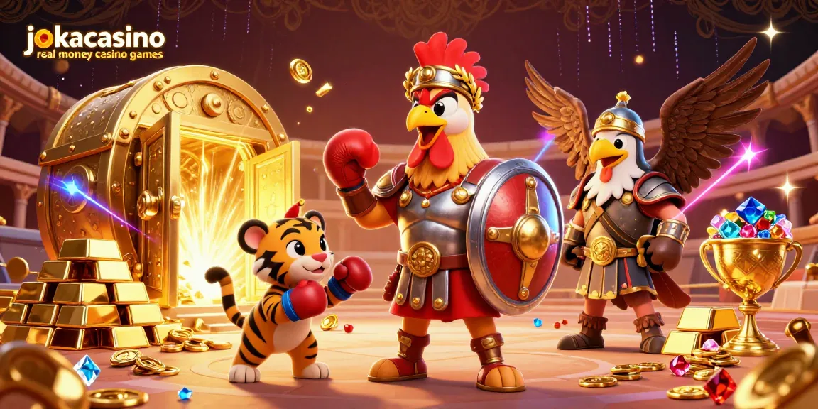Engage with jokacasino real money casino games amidst a dynamic, vibrant 3D scene.