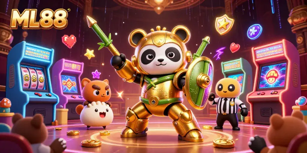 Engage with ML88 in a vibrant casino arena featuring a mech-suit panda battling with arcade game elements.