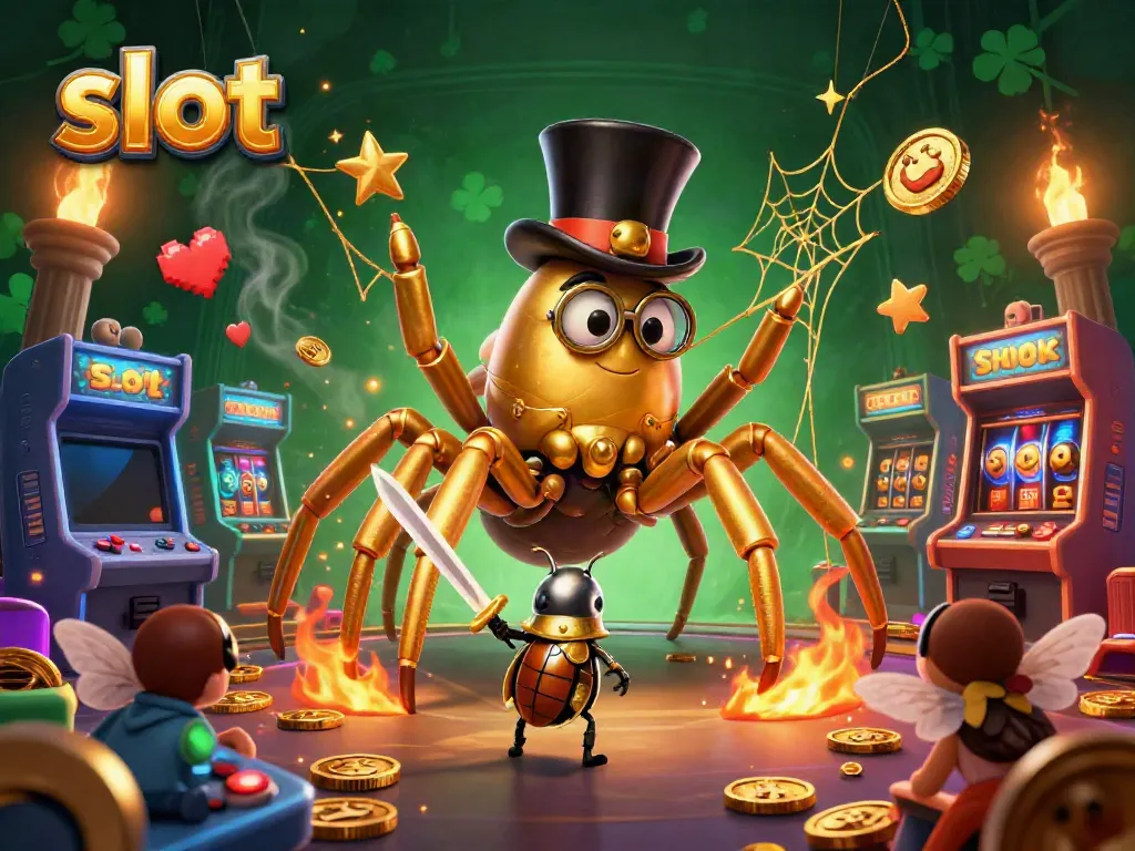 Engage with exciting slot gameplay amidst a dynamic 3D casino scene featuring cartoon characters and colorful game elements.