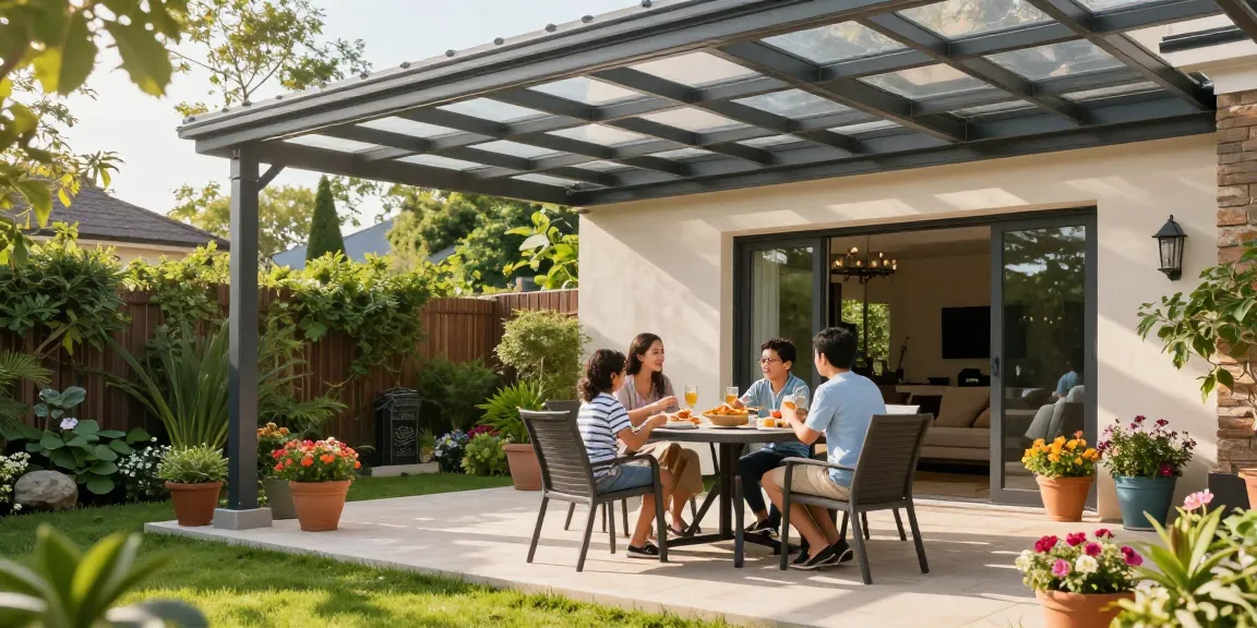 Moderne Terrassenüberdachung in einem einladenden Garten mit Familie und Pflanzen