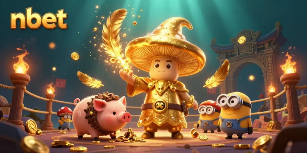 Engage in thrilling gameplay at nbet with a magical golden mushroom wizard amidst a fantasy treasure scene.