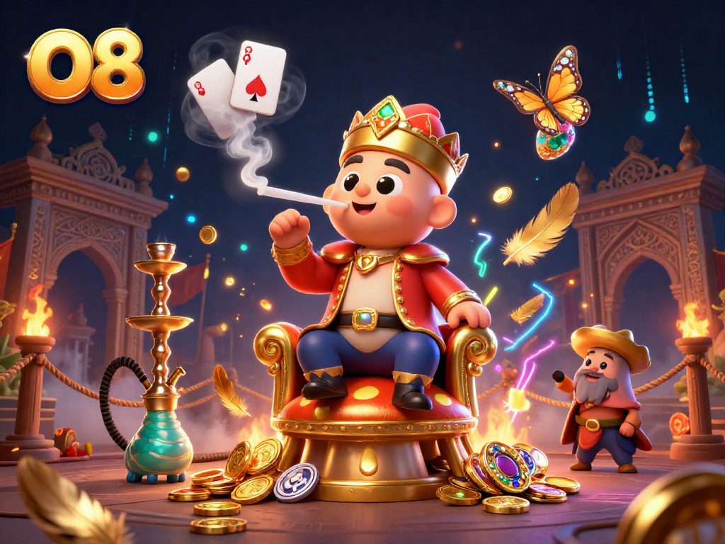 Experience O8's vibrant casino world with a colorful 3D illustration featuring enchanting characters.
