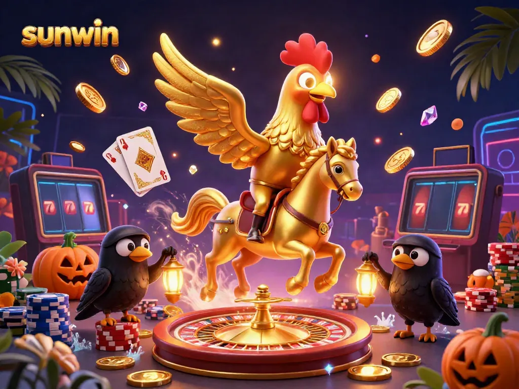 Experience the excitement of sunwin with dazzling gold coins and vibrant game elements in a dynamic casino scene.