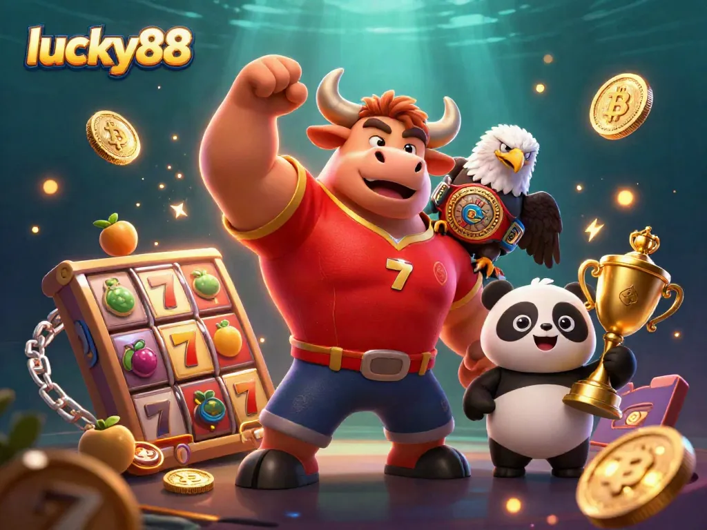 Spin and win at lucky88 with a vibrant 3D casino scene featuring a bull, eagle, and panda.