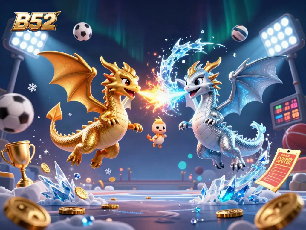 B52 casino dragons battle with fire and ice in a vibrant sports-themed gambling scene.