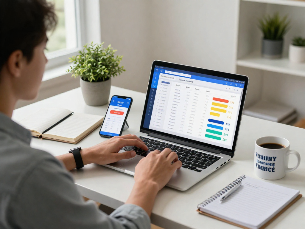 Individual analyzing debet financial data on a laptop in a sophisticated home office.