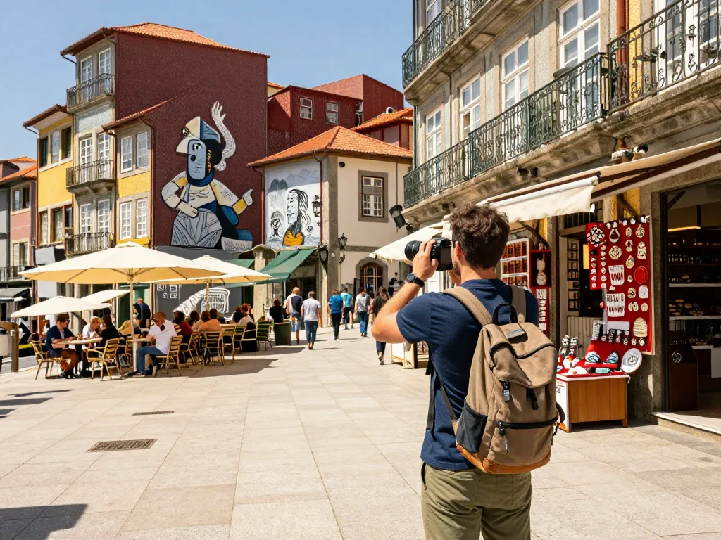 Reisetipps Porto: lebhafter Reisender erkundet bunte Straßen mit historischer Architektur