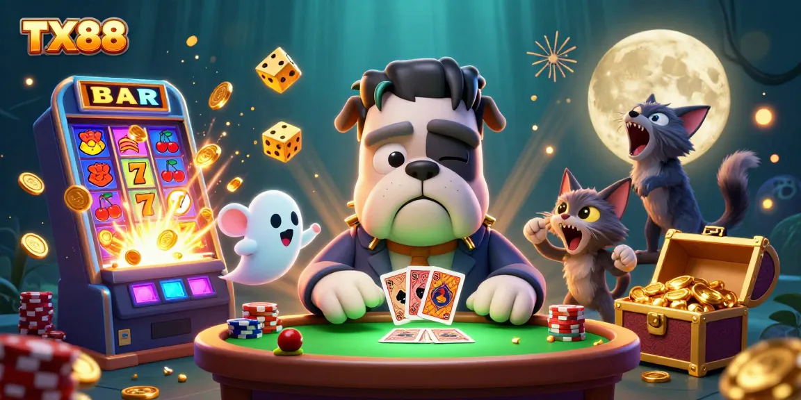 Play and win with TX88 at an exciting casino featuring vibrant characters and thrilling jackpots.