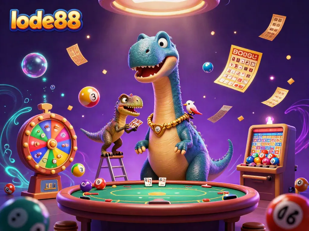 Experience the vibrant excitement of lode88 with a playful 3D brontosaurus and raptor in a casino scene.
