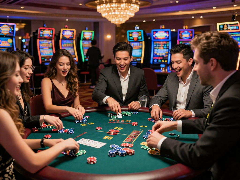 Gambling excitement at https://vin88-casino.games/ with friends enjoying a blackjack game in a vibrant casino atmosphere.